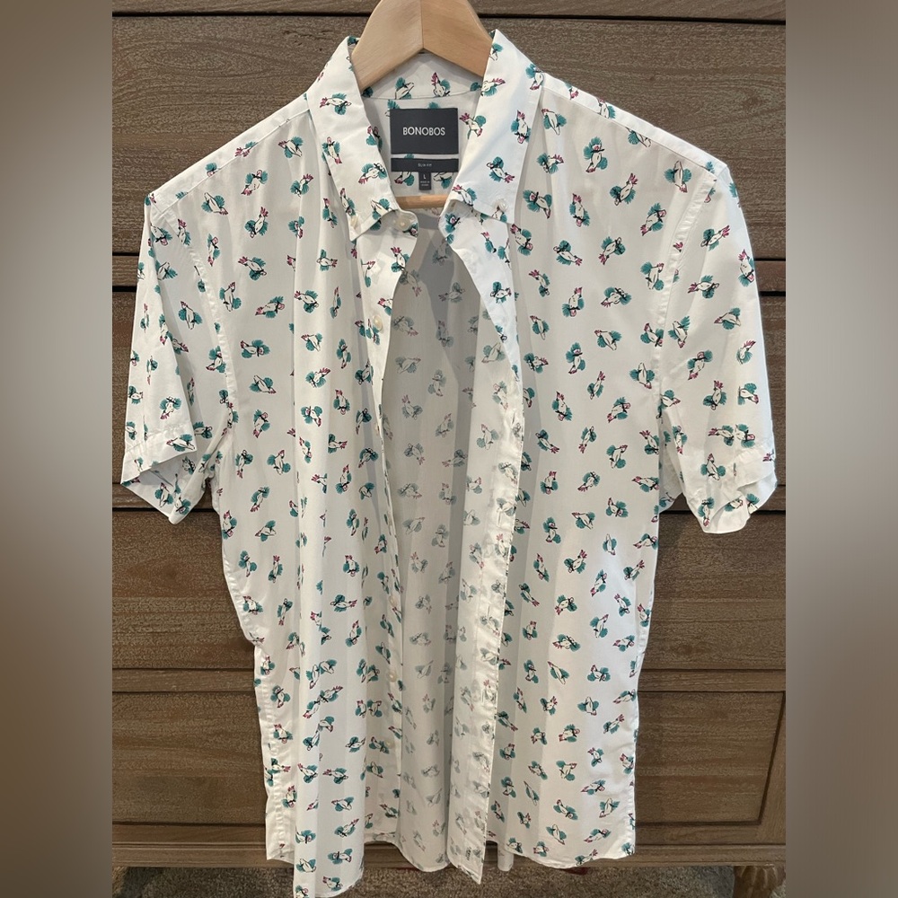 BONOBOS Short Sleeve Button-Up Shirt Slim Fit White Large